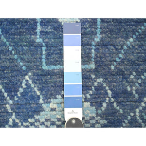 2'10"x10'3" Bayern Blue, Moroccan Weave with Geometric Pattern, Soft Wool, Hand Knotted, Tone on Tone, Textured Pile, Runner, Oriental Rug FWR124476