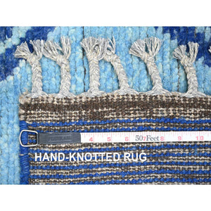 2'10"x10'3" Bayern Blue, Moroccan Weave with Geometric Pattern, Soft Wool, Hand Knotted, Tone on Tone, Textured Pile, Runner, Oriental Rug FWR124476
