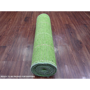 2'6"x9'1" Fern Green, Moroccan Weave With Flying Kite Design, Geometric Pattern, Hand Knotted, Soft Wool, Tone On Tone, Textured Pile, Runner, Oriental Rug FWR124482
