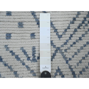 2'5"x10'6" Daisy White, Moroccan Weave with Geometric Pattern, Soft Wool, Hand Knotted, Tone on Tone, Textured Pile, Runner, Oriental Rug FWR124488
