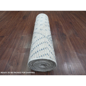 2'5"x10'6" Daisy White, Moroccan Weave with Geometric Pattern, Soft Wool, Hand Knotted, Tone on Tone, Textured Pile, Runner, Oriental Rug FWR124488