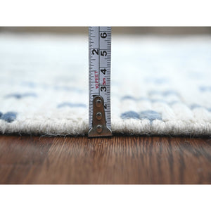 2'5"x10'6" Daisy White, Moroccan Weave with Geometric Pattern, Soft Wool, Hand Knotted, Tone on Tone, Textured Pile, Runner, Oriental Rug FWR124488