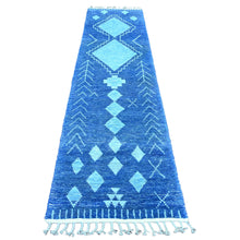 Load image into Gallery viewer, 2&#39;9&quot;x10&#39;7&quot; Imperial Blue, Moroccan Weave with Geometric Pattern, Hand Knotted, Soft Wool, Tone on Tone, Textured Pile, Runner, Oriental Rug FWR124494