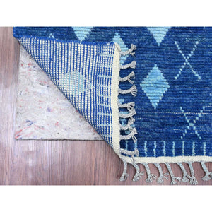 2'9"x10'7" Imperial Blue, Moroccan Weave with Geometric Pattern, Hand Knotted, Soft Wool, Tone on Tone, Textured Pile, Runner, Oriental Rug FWR124494