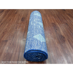 2'9"x10'7" Imperial Blue, Moroccan Weave with Geometric Pattern, Hand Knotted, Soft Wool, Tone on Tone, Textured Pile, Runner, Oriental Rug FWR124494