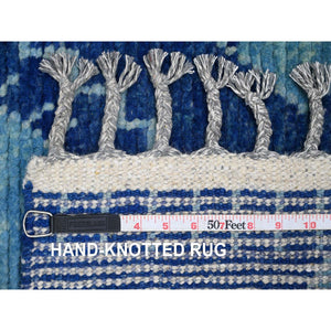 2'9"x10'7" Imperial Blue, Moroccan Weave with Geometric Pattern, Hand Knotted, Soft Wool, Tone on Tone, Textured Pile, Runner, Oriental Rug FWR124494