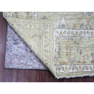 4'2"x4'2" Sage Green, Hand Knotted, Afghan Angora Oushak with Leaf Design, Vegetable Dyes, 100% Wool, Square, Oriental Rug FWR124512
