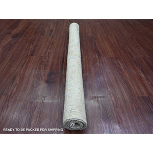 4'2"x4'2" Sage Green, Hand Knotted, Afghan Angora Oushak with Leaf Design, Vegetable Dyes, 100% Wool, Square, Oriental Rug FWR124512