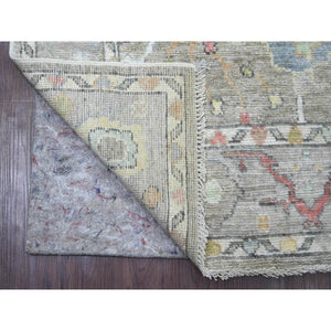 3'9"x12'1" Fossil Gray, Hand Knotted, Afghan Angora Oushak With Colorful Leaf Design, Vegetable Dyes, 100% Wool, Runner, Oriental Rug FWR124554
