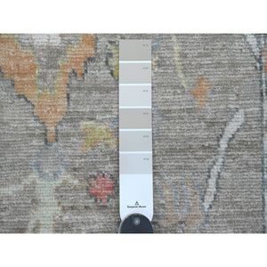 3'9"x12'1" Fossil Gray, Hand Knotted, Afghan Angora Oushak With Colorful Leaf Design, Vegetable Dyes, 100% Wool, Runner, Oriental Rug FWR124554