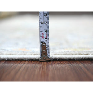 3'9"x12'1" Fossil Gray, Hand Knotted, Afghan Angora Oushak With Colorful Leaf Design, Vegetable Dyes, 100% Wool, Runner, Oriental Rug FWR124554