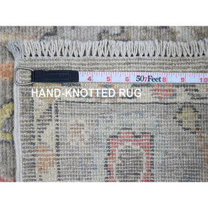 3'9"x12'1" Fossil Gray, Hand Knotted, Afghan Angora Oushak With Colorful Leaf Design, Vegetable Dyes, 100% Wool, Runner, Oriental Rug FWR124554
