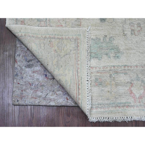 3'10"x10' Alabaster White, Hand Knotted, Afghan Angora Oushak with Colorful Leaf Design, Vegetable Dyes, 100% Wool, Runner, Oriental Rug FWR124602