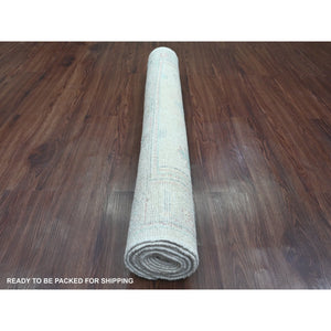3'10"x10' Alabaster White, Hand Knotted, Afghan Angora Oushak with Colorful Leaf Design, Vegetable Dyes, 100% Wool, Runner, Oriental Rug FWR124602