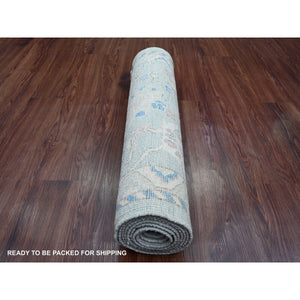 2'9"x9'7" Moonstruck Gray, Hand Knotted, Afghan Angora Oushak with All Over Vines Design, Veggie Dyes, 100% Wool, Runner, Oriental Rug FWR124716