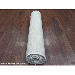 2'8"x11'4" Cascading White, Hand Knotted, Afghan Angora Oushak With Large Leaf Design, Natural Dyes, 100% Wool, Runner, Oriental Rug FWR124728