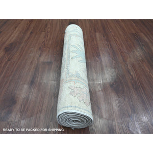 2'7"x9'6" Pearl White, Afghan Angora Oushak with All Over Pattern, Hand Knotted, Veggie Dyes, 100% Wool, Runner, Oriental Rug FWR124878