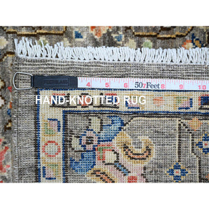 4'1"x9'8" Echo Gray, Densely Woven, Natural Dyes, Peshawar with Colorful Mahal Design with Heavy Large Elements and Wide Border, Hand Knotted, 100% Wool, Wide Runner Oriental Rug FWR447360