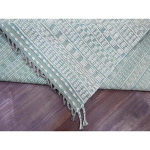 9'7"x14'3" Light Green, Moroccan Weave With Geometric Pattern, Hand Knotted, Soft Wool, Tone On Tone, Textured Pile, Oriental Rug FWR124980