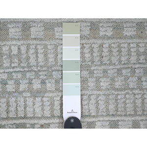 9'7"x14'3" Light Green, Moroccan Weave With Geometric Pattern, Hand Knotted, Soft Wool, Tone On Tone, Textured Pile, Oriental Rug FWR124980