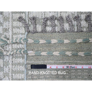 9'7"x14'3" Light Green, Moroccan Weave With Geometric Pattern, Hand Knotted, Soft Wool, Tone On Tone, Textured Pile, Oriental Rug FWR124980