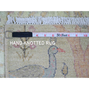 2'7"x9'8" Pistachio Green, Afghan Peshawar with Birds of Paradise Design, Hand Knotted, Soft Wool, Vegetable Dyes, Runner, Oriental Rug FWR125118