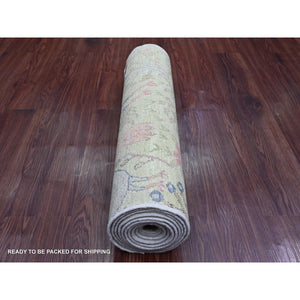 2'5"x9'9" Olive Green, Afghan Peshawar With Birds Of Paradise Design, Hand Knotted, Soft Wool, Veggie Dyes, Runner, Oriental Rug FWR125136