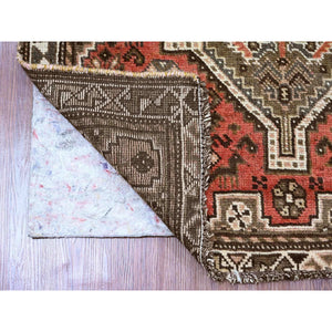 3'5"x9'6" Prismatic Red, Vintage Persian Shiraz with Small Animal Figurines and Geometric Design, Good Condition, Hand Knotted, Clean, Even Wear, Pure Wool, Wide Runner, Oriental Rug FWR125226