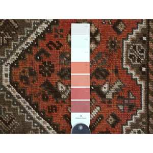 3'5"x9'6" Prismatic Red, Vintage Persian Shiraz with Small Animal Figurines and Geometric Design, Good Condition, Hand Knotted, Clean, Even Wear, Pure Wool, Wide Runner, Oriental Rug FWR125226