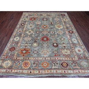 7'9"x9'5" Spanish Gray, Afghan Angora Oushak With Colorful Geometric Leaf Pattern, Hand Knotted, Veggie Dyes, 100% Wool, Oriental Rug FWR125232