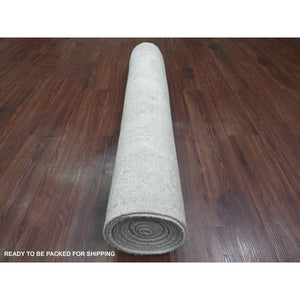4'1"x19'8" Smoke White, Afghan Angora Oushak With Leaf Design, Hand Knotted, Natural Dyes, 100% Wool, Wide And Long Runner, Oriental Rug FWR125268