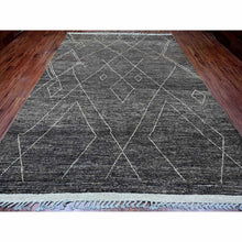 Load image into Gallery viewer, 9&#39;x12&#39;8&quot; Charcoal Black, Moroccan Weave with Geometric Pattern, Soft Wool, Hand Knotted, Tone on Tone, Textured Pile, Oriental Rug FWR125370