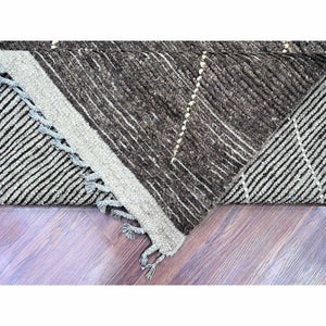9'x12'8" Charcoal Black, Moroccan Weave with Geometric Pattern, Soft Wool, Hand Knotted, Tone on Tone, Textured Pile, Oriental Rug FWR125370