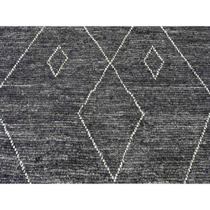 9'x12'8" Charcoal Black, Moroccan Weave with Geometric Pattern, Soft Wool, Hand Knotted, Tone on Tone, Textured Pile, Oriental Rug FWR125370