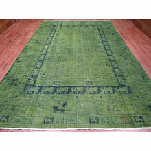 Load image into Gallery viewer, 9&#39;9&quot;x13&#39;8&quot; Pickle Green, Overdyed Peshawar with Pazyryk Design, Zero Pile, Distressed, Pure Wool, Hand Knotted, Oriental Rug FWR125424