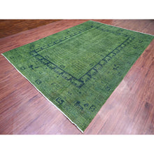 Load image into Gallery viewer, 9&#39;9&quot;x13&#39;8&quot; Pickle Green, Overdyed Peshawar with Pazyryk Design, Zero Pile, Distressed, Pure Wool, Hand Knotted, Oriental Rug FWR125424