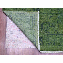 Load image into Gallery viewer, 9&#39;9&quot;x13&#39;8&quot; Pickle Green, Overdyed Peshawar with Pazyryk Design, Zero Pile, Distressed, Pure Wool, Hand Knotted, Oriental Rug FWR125424