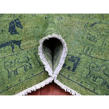 Load image into Gallery viewer, 9&#39;9&quot;x13&#39;8&quot; Pickle Green, Overdyed Peshawar with Pazyryk Design, Zero Pile, Distressed, Pure Wool, Hand Knotted, Oriental Rug FWR125424