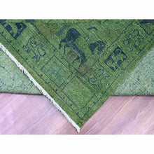 Load image into Gallery viewer, 9&#39;9&quot;x13&#39;8&quot; Pickle Green, Overdyed Peshawar with Pazyryk Design, Zero Pile, Distressed, Pure Wool, Hand Knotted, Oriental Rug FWR125424