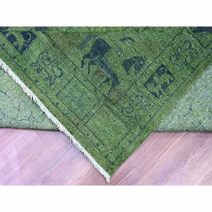 9'9"x13'8" Pickle Green, Overdyed Peshawar with Pazyryk Design, Zero Pile, Distressed, Pure Wool, Hand Knotted, Oriental Rug FWR125424