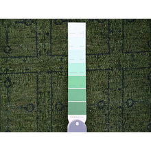 Load image into Gallery viewer, 9&#39;9&quot;x13&#39;8&quot; Pickle Green, Overdyed Peshawar with Pazyryk Design, Zero Pile, Distressed, Pure Wool, Hand Knotted, Oriental Rug FWR125424