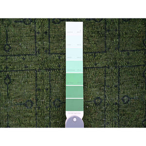 9'9"x13'8" Pickle Green, Overdyed Peshawar with Pazyryk Design, Zero Pile, Distressed, Pure Wool, Hand Knotted, Oriental Rug FWR125424