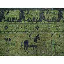 Load image into Gallery viewer, 9&#39;9&quot;x13&#39;8&quot; Pickle Green, Overdyed Peshawar with Pazyryk Design, Zero Pile, Distressed, Pure Wool, Hand Knotted, Oriental Rug FWR125424