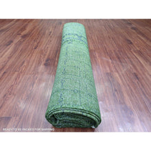 Load image into Gallery viewer, 9&#39;9&quot;x13&#39;8&quot; Pickle Green, Overdyed Peshawar with Pazyryk Design, Zero Pile, Distressed, Pure Wool, Hand Knotted, Oriental Rug FWR125424