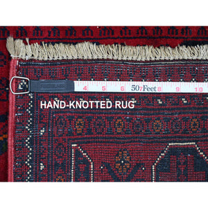 2'10"x19'3" Carmine Red, Afghan Khamyab with Geometric Design, Pure Wool, Hand Knotted, Vegetable Dyes, XL Runner, Oriental Rug FWR125460