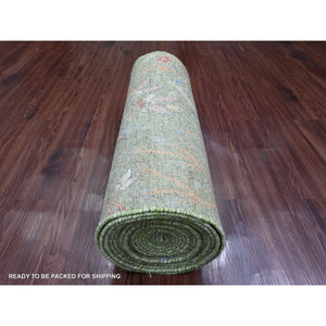 2'6"x24' Moss Green, Afghan Peshawar with Birds of Paradise Design, Soft Wool, Natural Dyes, Hand Knotted, XL Runner, Oriental Rug FWR125742