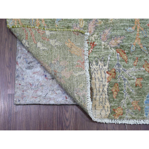 2'6"x24' Basil Green, Afghan Peshawar with Birds of Paradise Design, Soft and Velvety Wool, Hand Knotted, Vegetable Dyes, XL Runner, Oriental Rug FWR125754