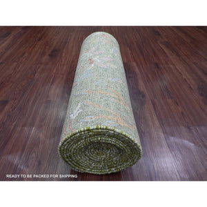 2'6"x24' Basil Green, Afghan Peshawar with Birds of Paradise Design, Soft and Velvety Wool, Hand Knotted, Vegetable Dyes, XL Runner, Oriental Rug FWR125754