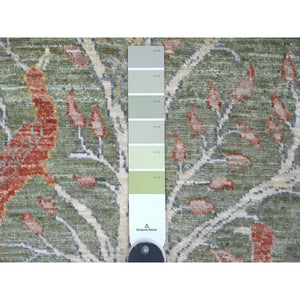 2'6"x6'1" Sage Green, Afghan Peshawar with Birds of Paradise Design, Hand Knotted, Soft Pile, 100% Wool, Natural Dyes, Runner, Oriental Rug FWR125766