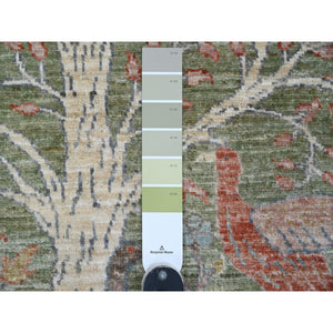 2'7"x6' Pickle Green, Afghan Peshawar with Birds of Paradise Design, Vegetable Dyes, Hand Knotted, Soft Wool, Runner, Oriental Rug FWR125778